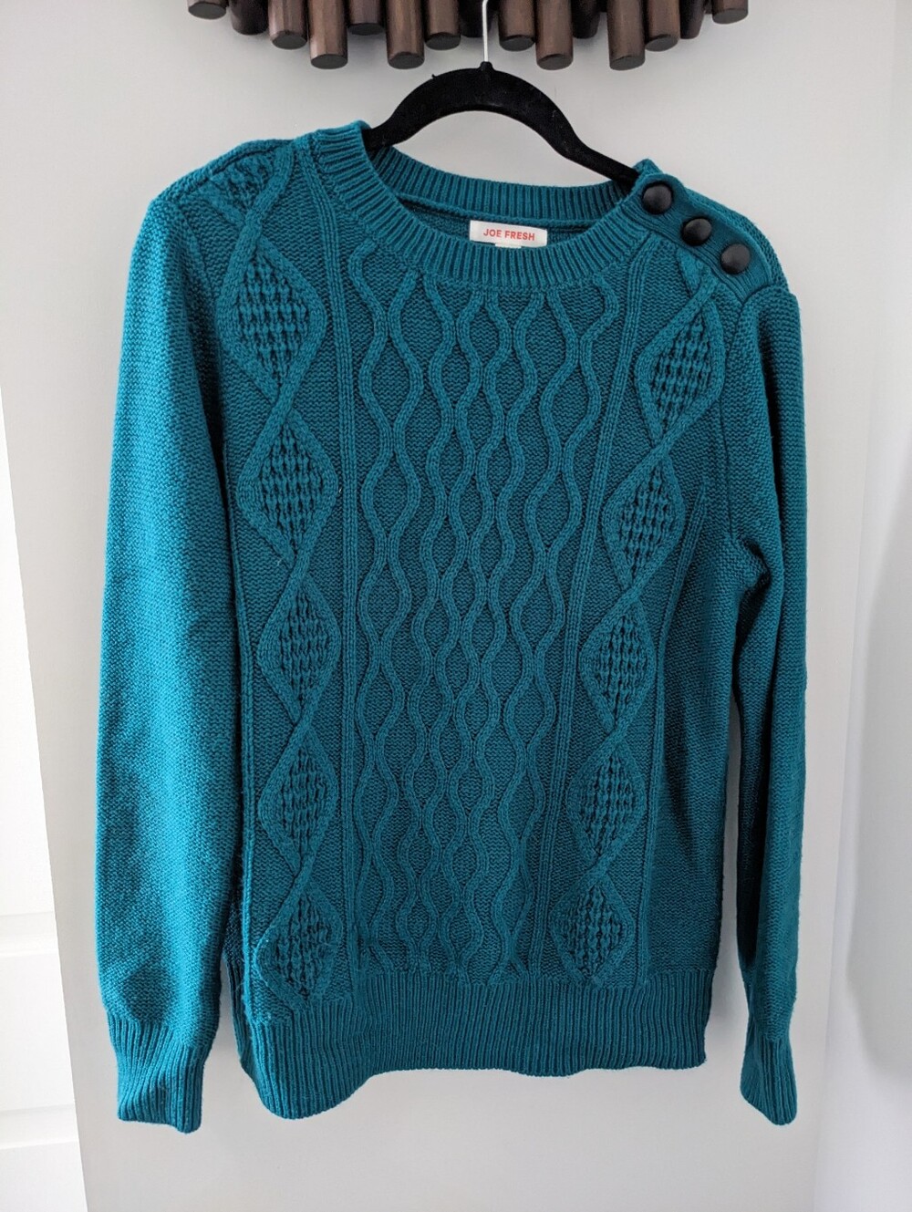 Joe Fresh Women's Teal Cable-Knit Crewneck Sweater Shoulder Buttons - Size M